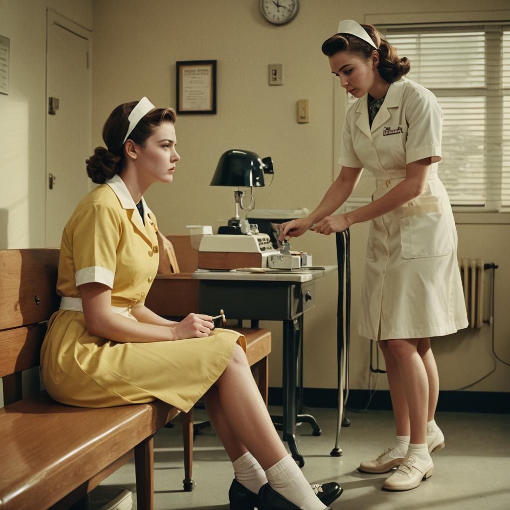 1950s Film Still: Sickly Girl in Nurse's Office
