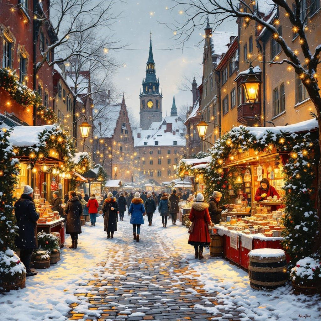 Stockholm Christmas Market in Golden Oil Painting Style