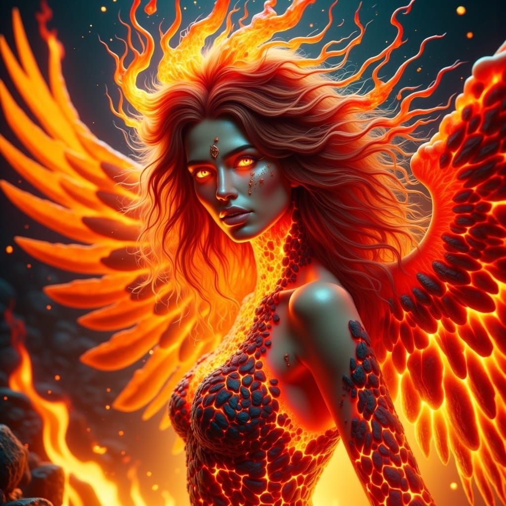 Flaming Phoenix Goddess in Fiery Splendor