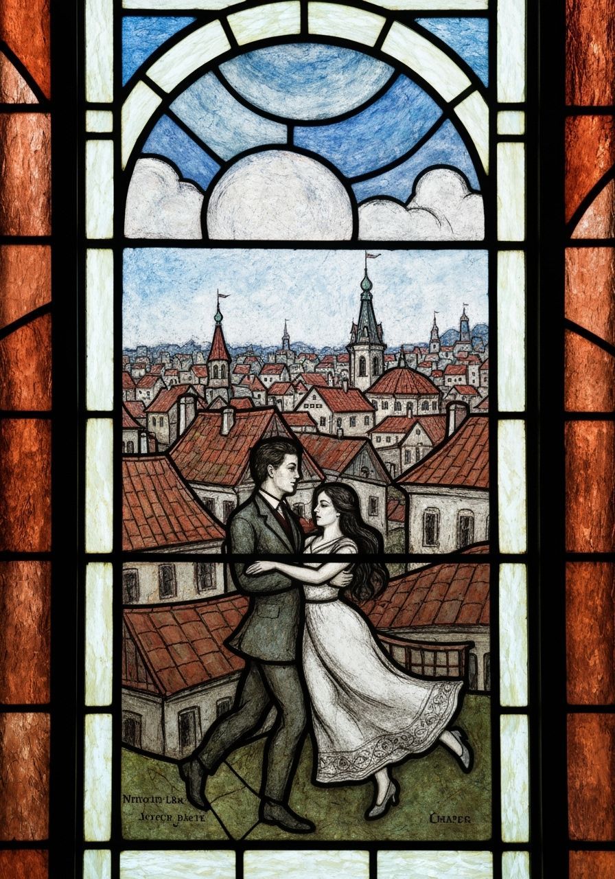 Style of Chagal, a stained glass window of a couple dancing ...