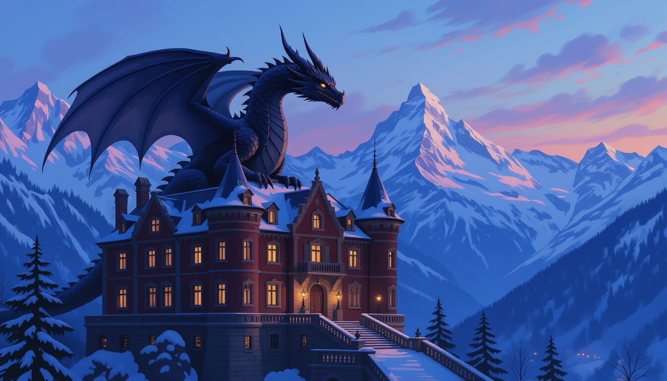 Majestic Dragon Above Swiss Alps Chateau in Impasto Style
