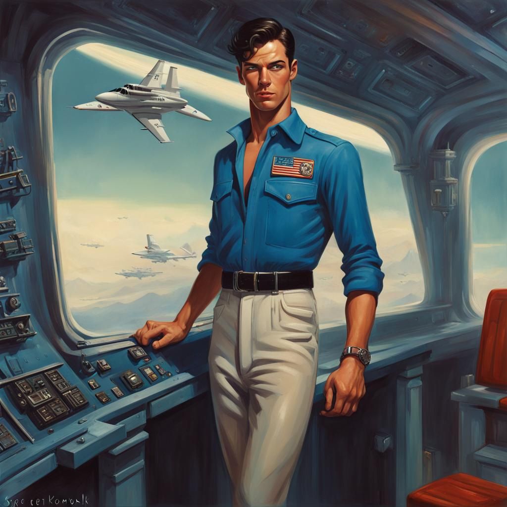 Confident Man in Retro Space Setting