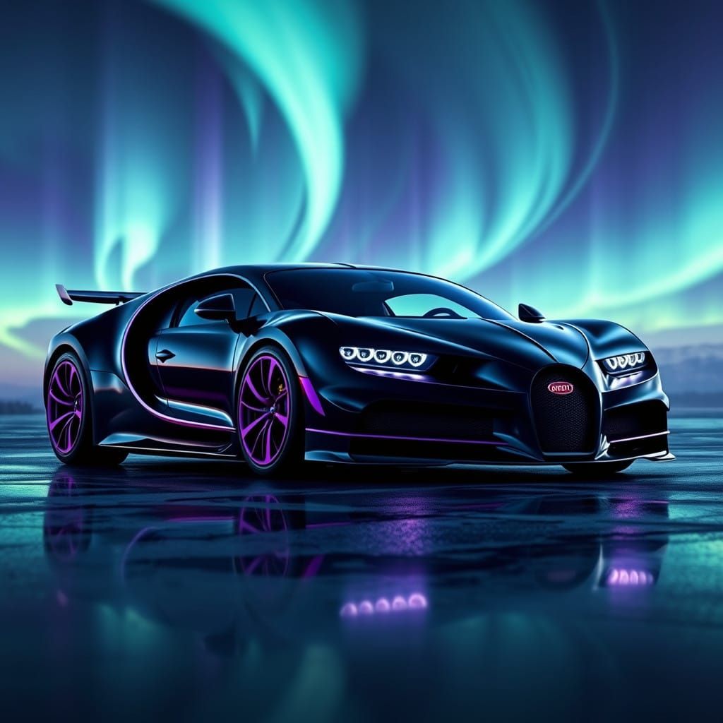 Sleek Black 2020 Bugatti Divo Under Northern Lights