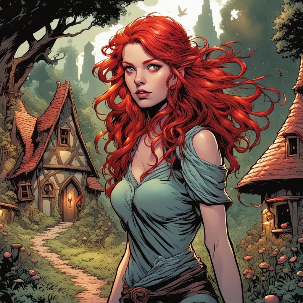 Red-Haired Fairy Walking Through Fairy Village
