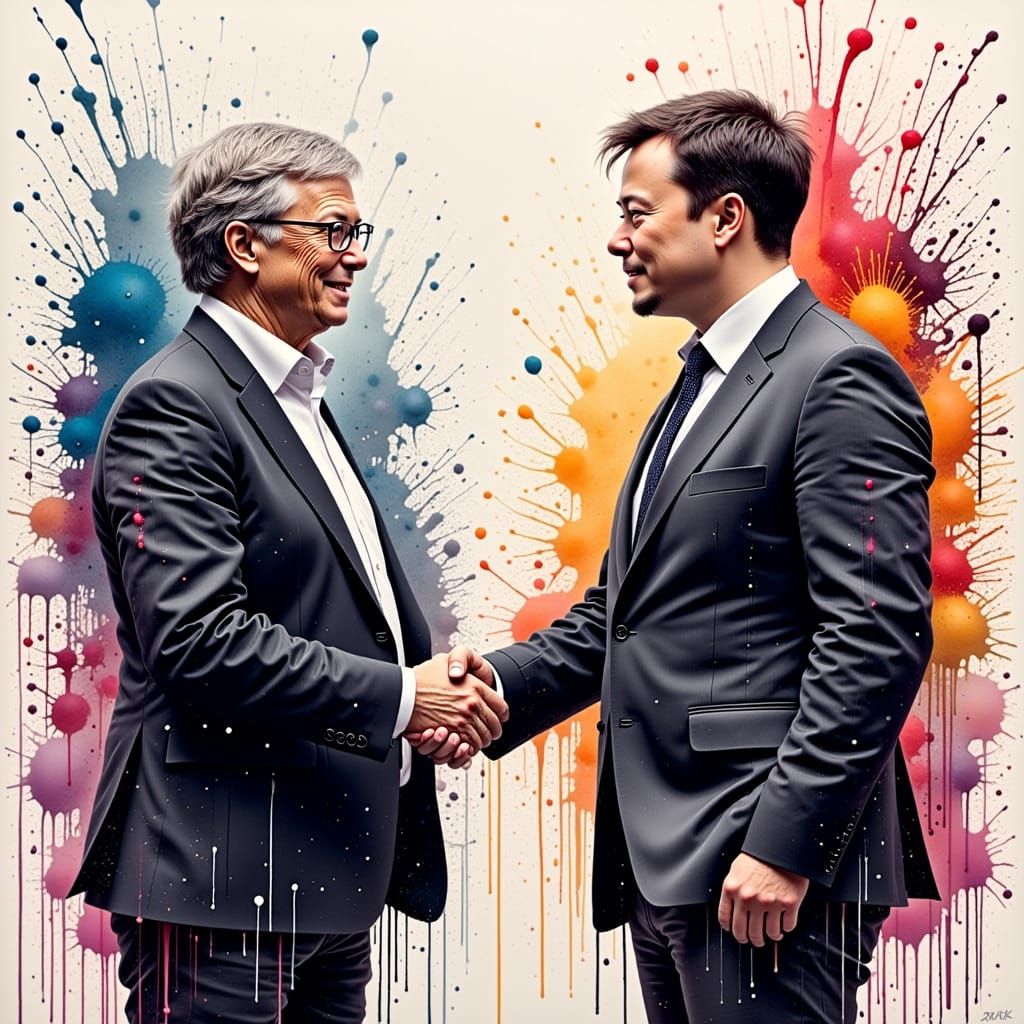 Gates and Musk Shake Hands in Splatter Art