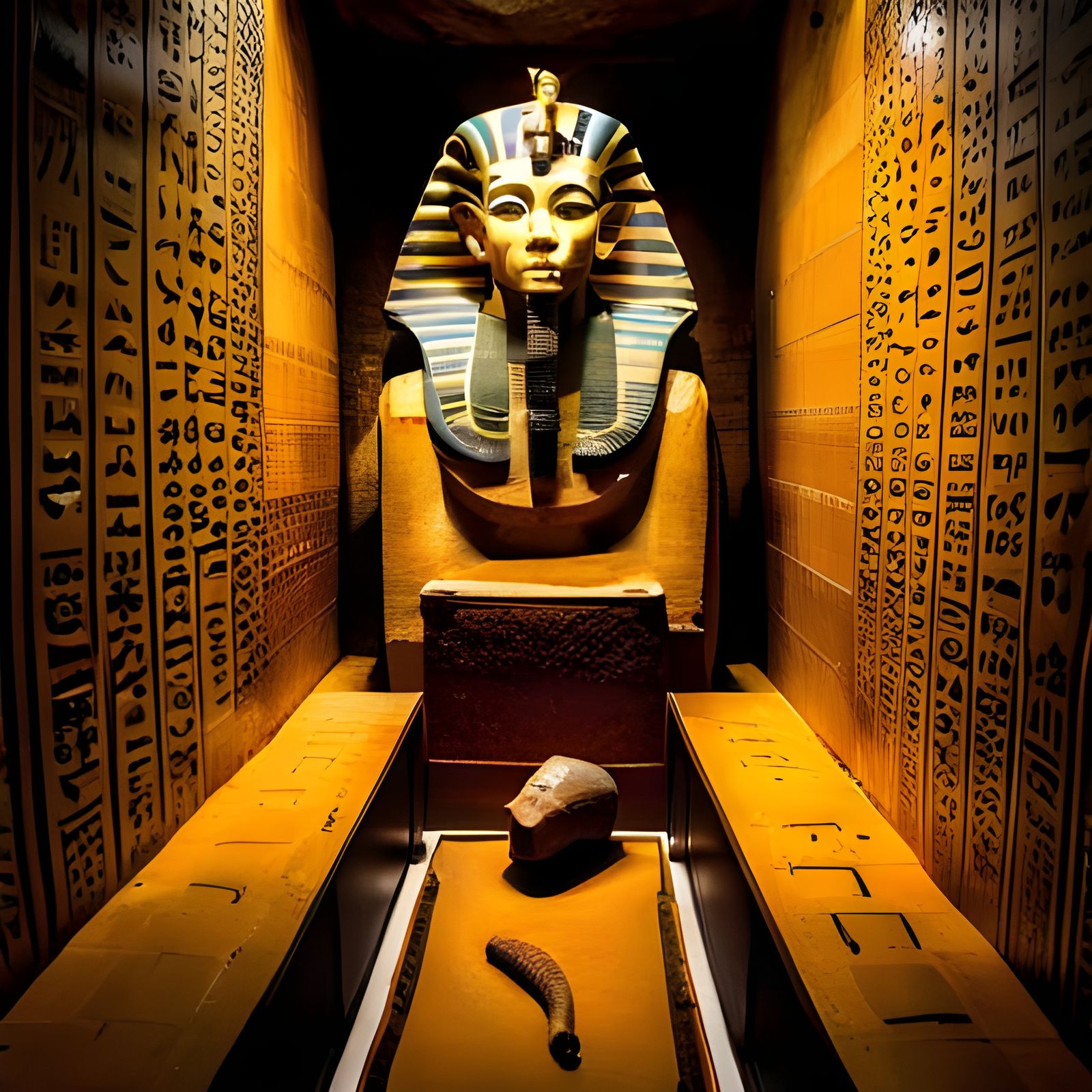 King Tut's Chamber: Mummified Remains and Bronze Coffin