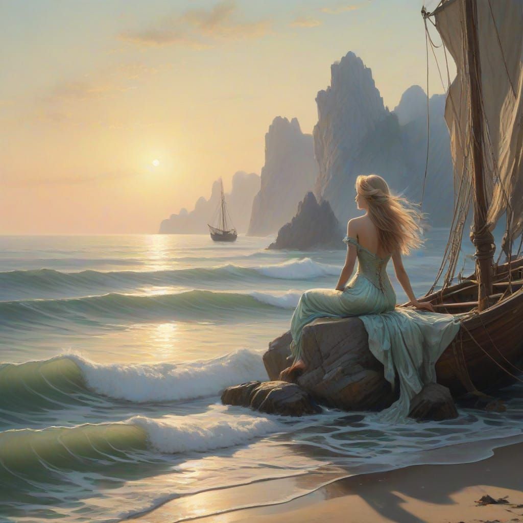 Enchanted Mermaid Girl Approaches a Seafarer in a Dreamy Oce...