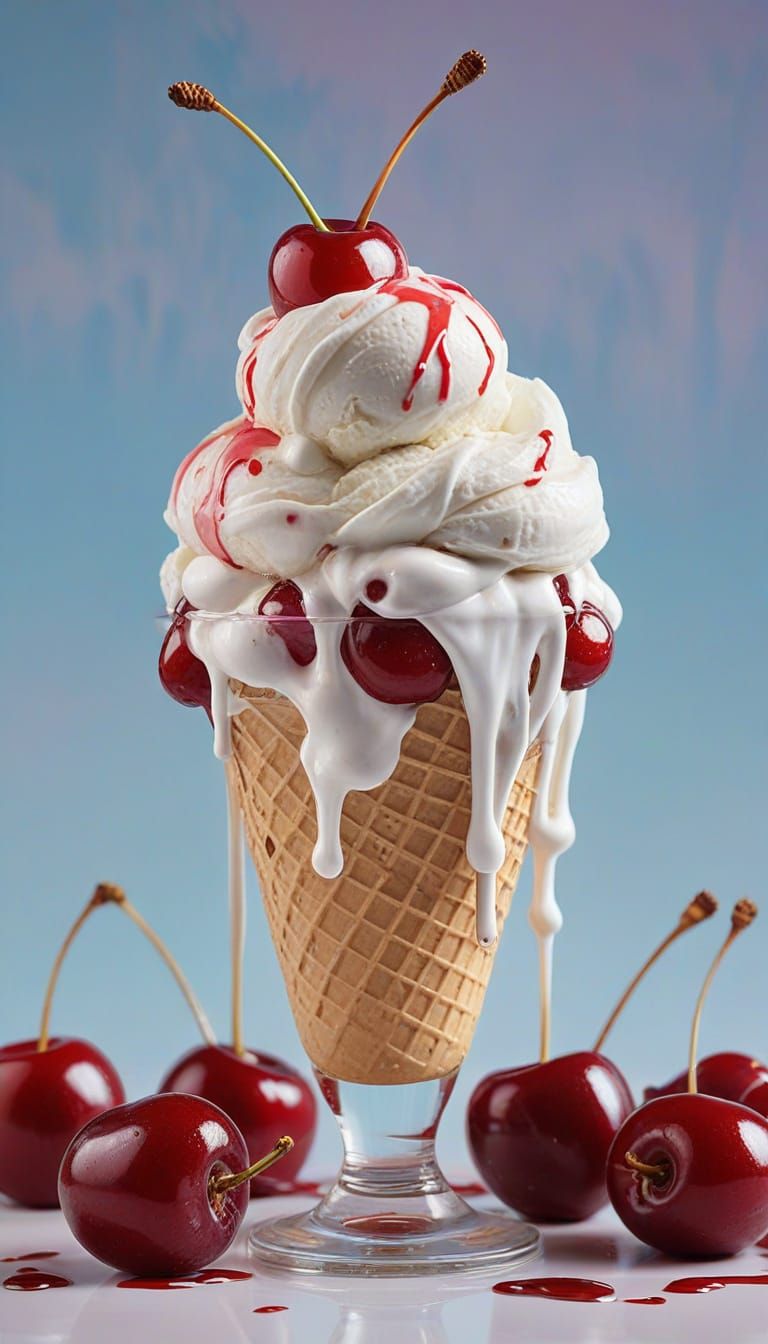 Delicious Ice Cream Sundae with Cherries, Digital Painting