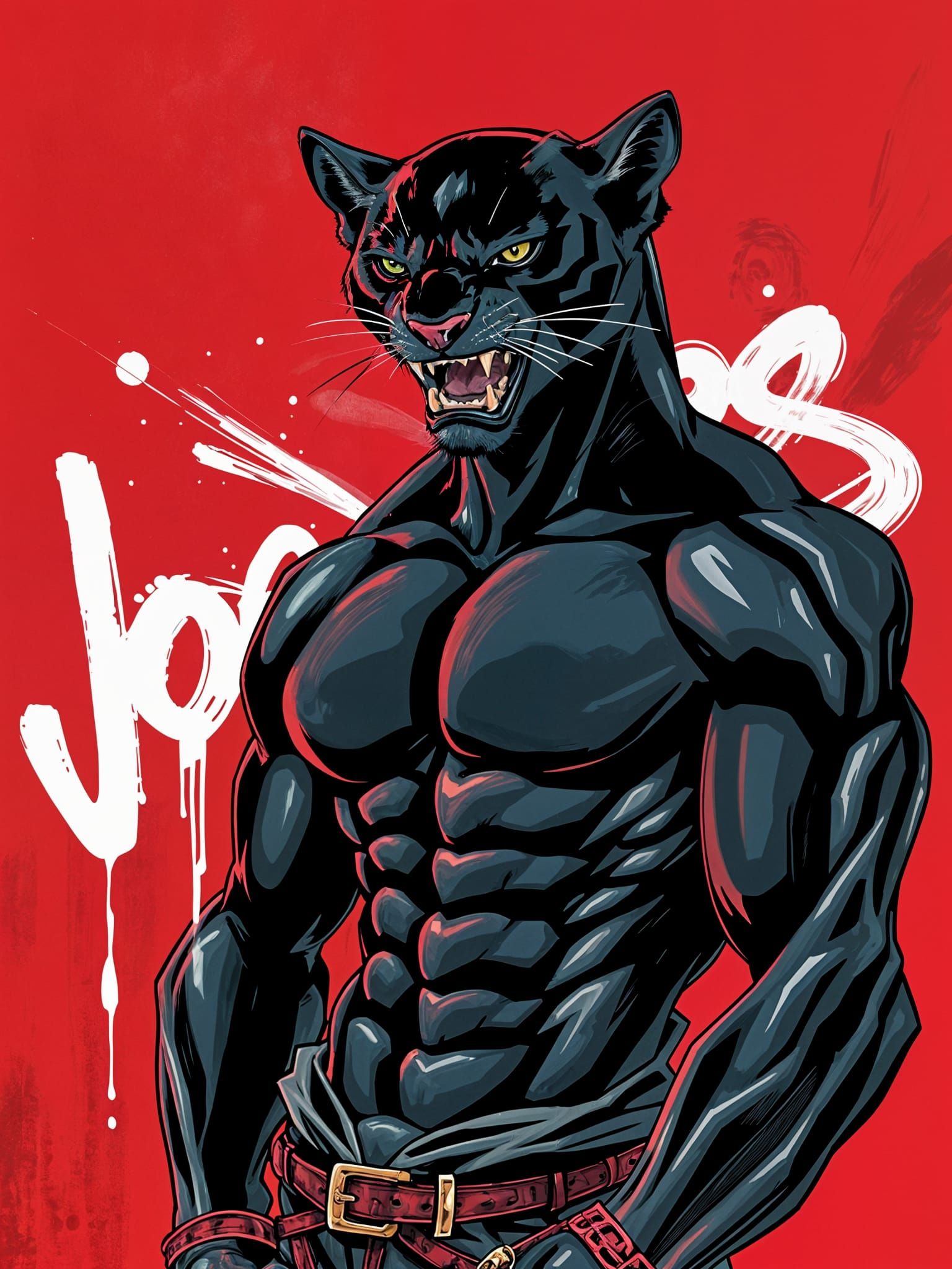 Fierce Punk Panther Illustration with Red Backdrop