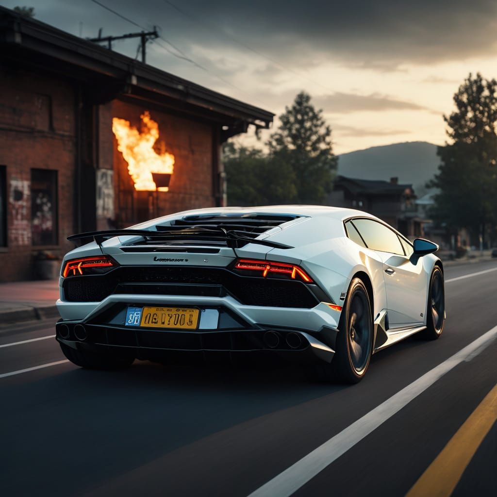 Hyperrealistic Lamborghini Huracan in Flames, Dark Backgroun...