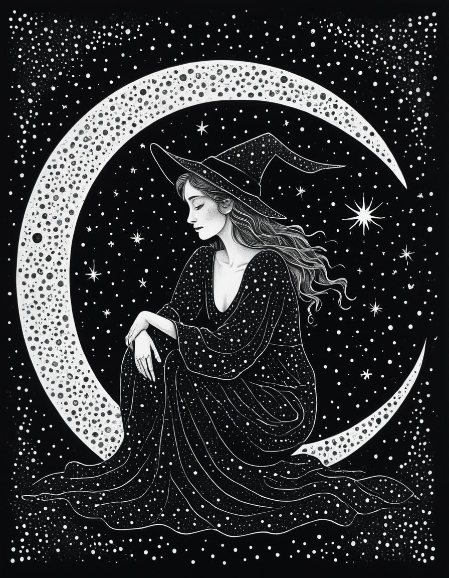 Witch on Moon in Pointillism Ink Illustration