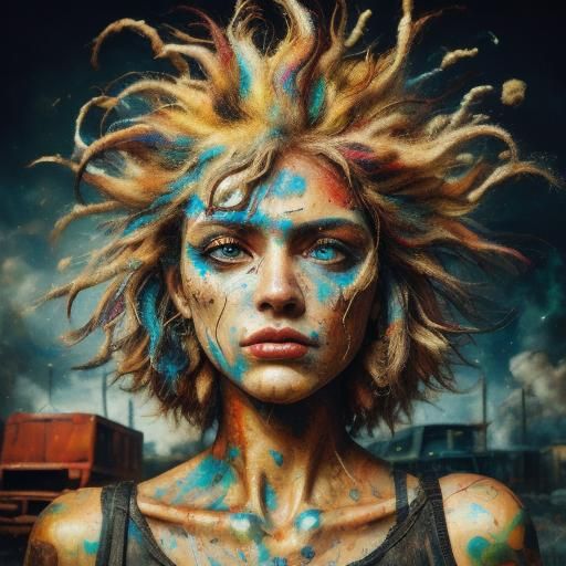 Surreal Portrait in Expressionist Style, Chaotic Setting