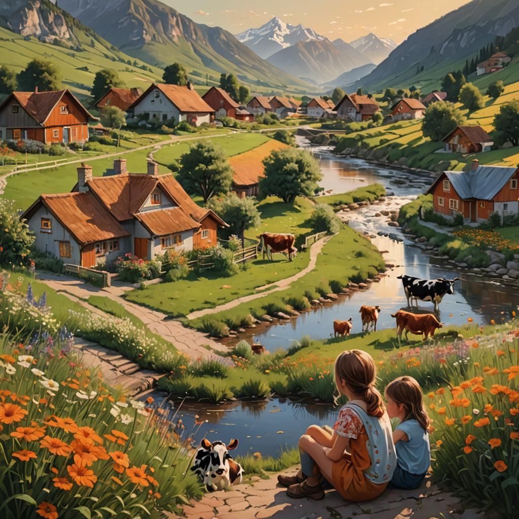 Girls in Flower Meadow by River, Hyperrealistic