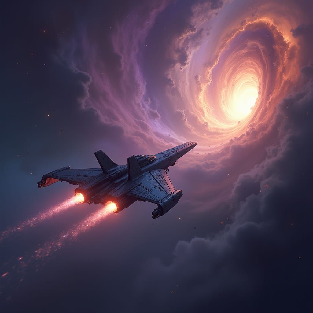 envision a lone spaceship emerging from a dense nebula, its metallic hull glistening with moisture as it cuts through th...