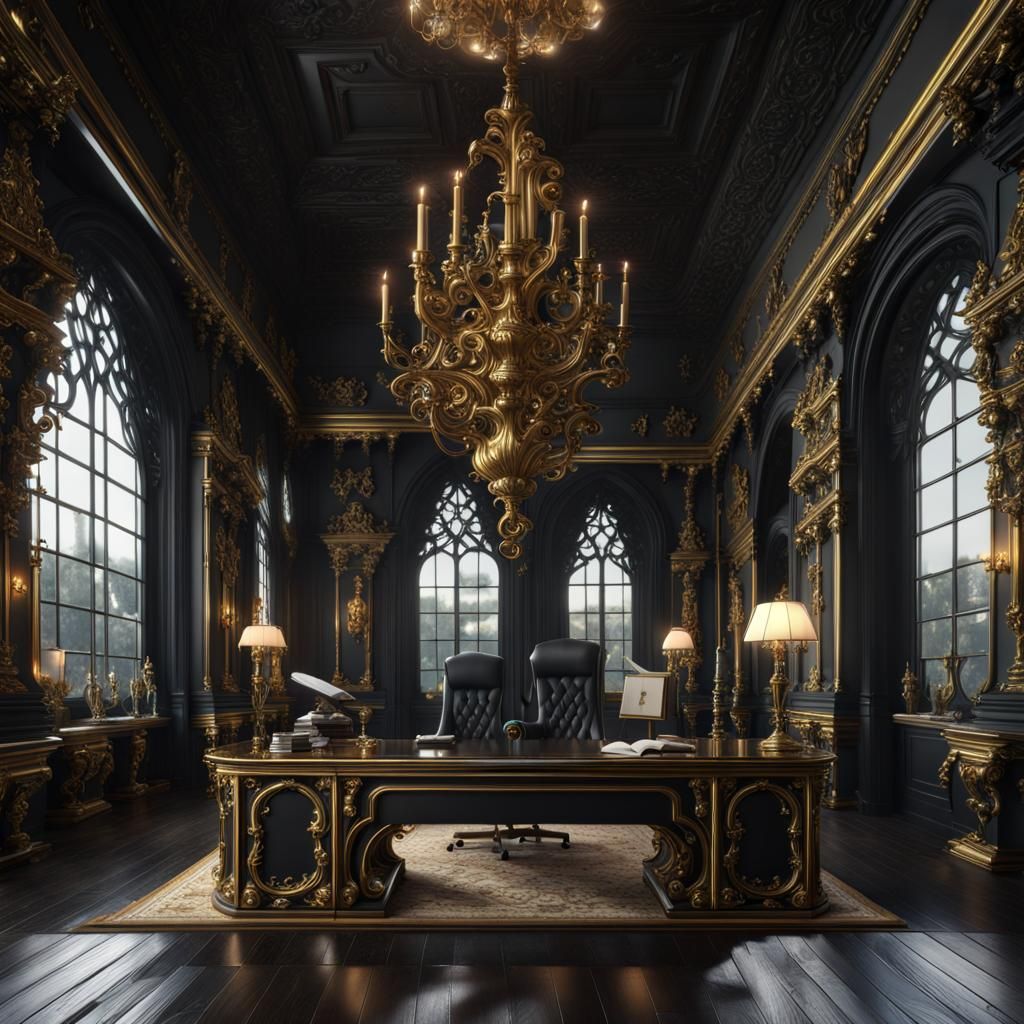 Black Rococo Gothic Royal Office with Gold Accents