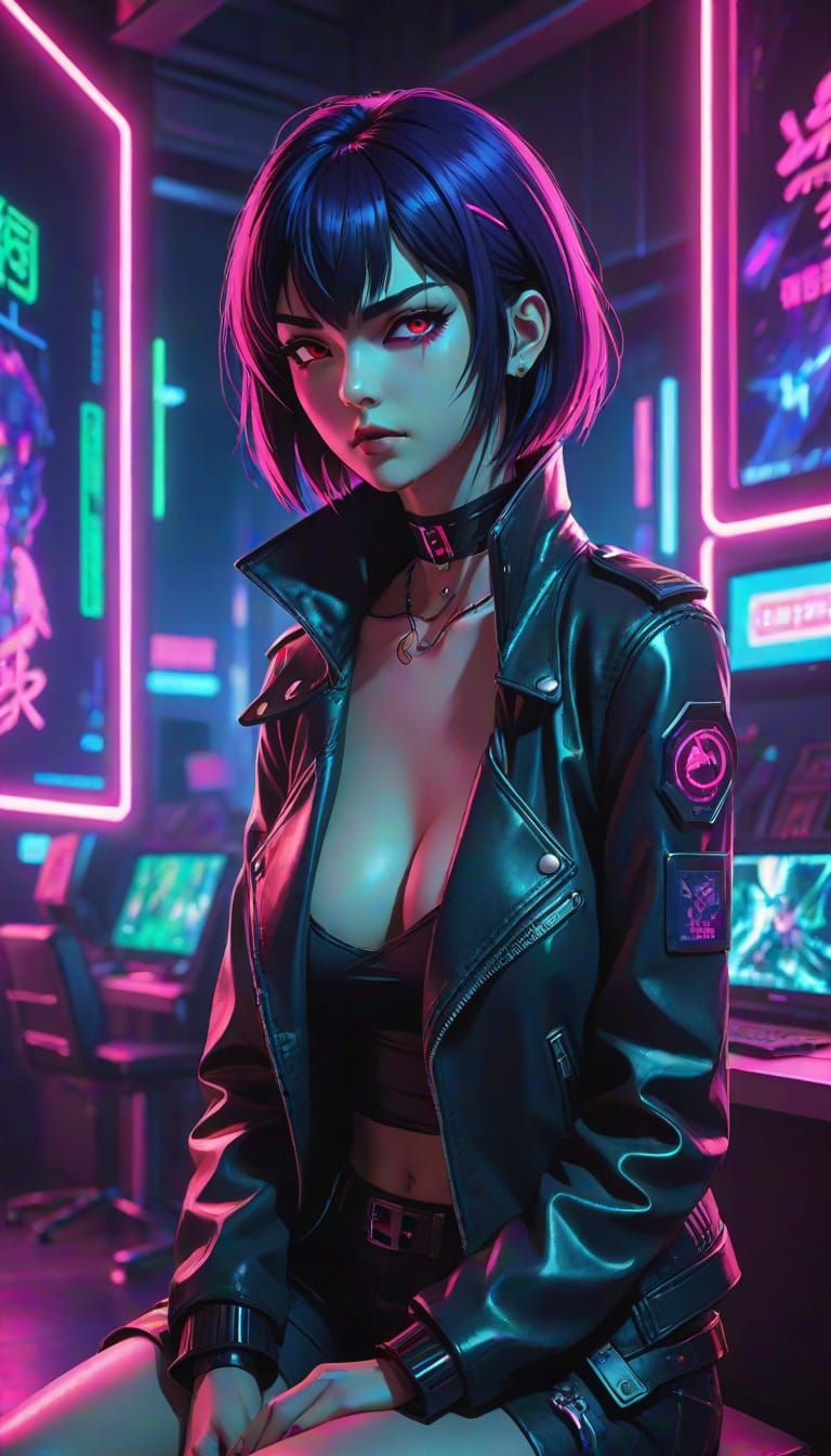 Cyberpunk Vampire in Neon Gaming Lair