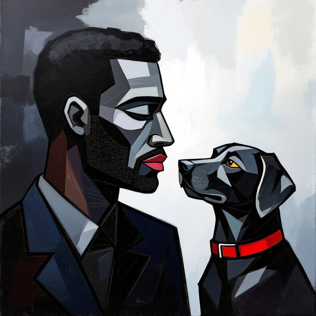 Abstract Black Oil Painting of Man and Dog