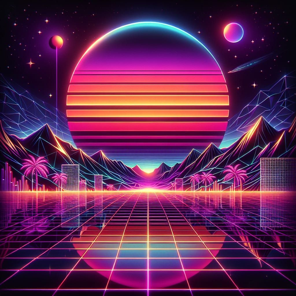Synthwave Sunset Landscape with Neon Accents