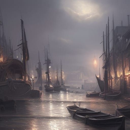 Dark Fantasy Harbour with Boats in Pencil Style