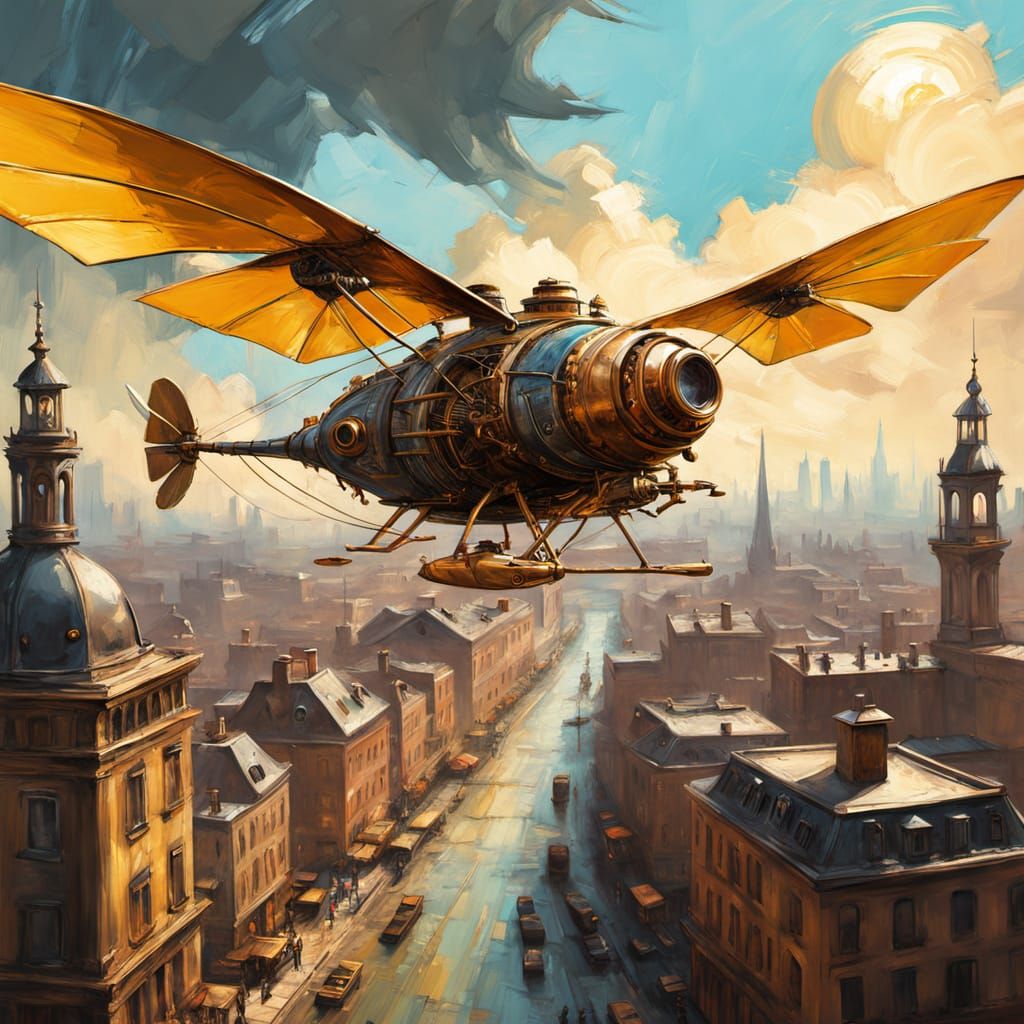 Steampunk Ornithopter Over Cityscape as Impasto Painting