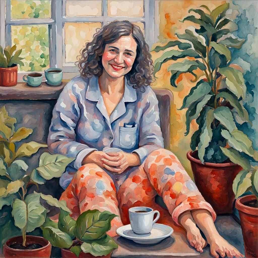 Smiling Woman with Pets in Neo-Impressionist Watercolor