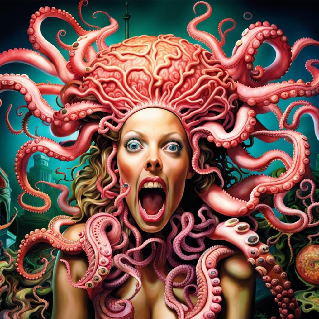 Inside the mind of ADHD, by David LaChapelle, intricately hyper detailed, female brain with tentacles coming out, lovecr...