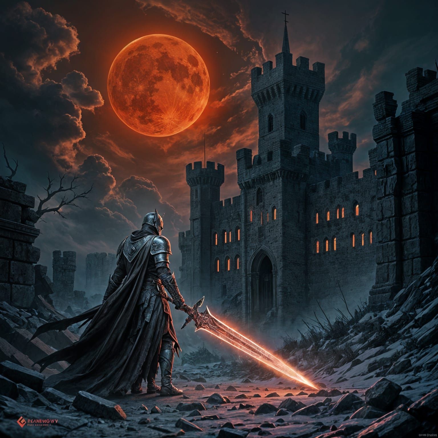 Knight Before Crumbling Fortress Under Blood Moon