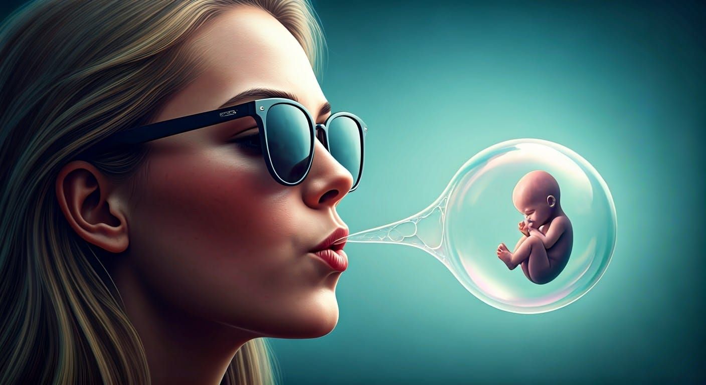 Surreal Portrait: Person Blowing Bubble with Baby