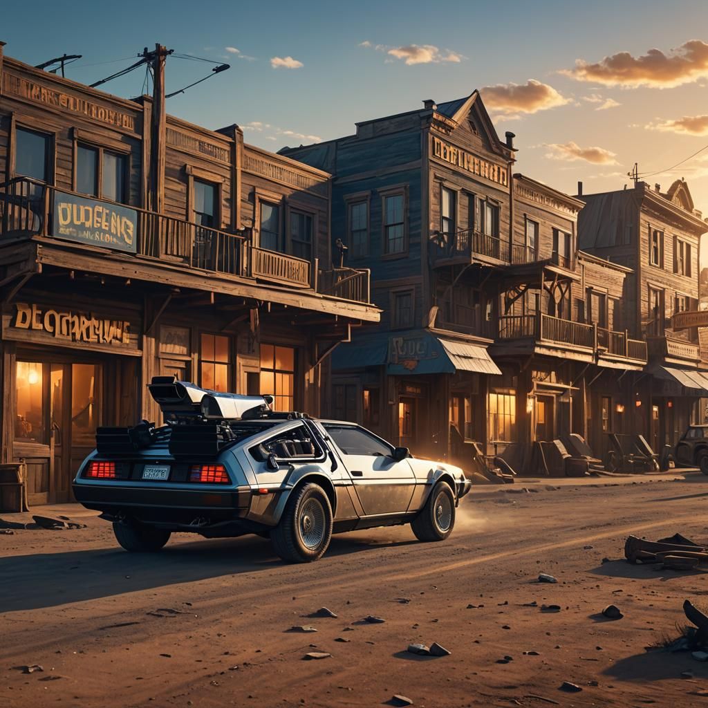 Futuristic DeLorean in Wild West Sunset