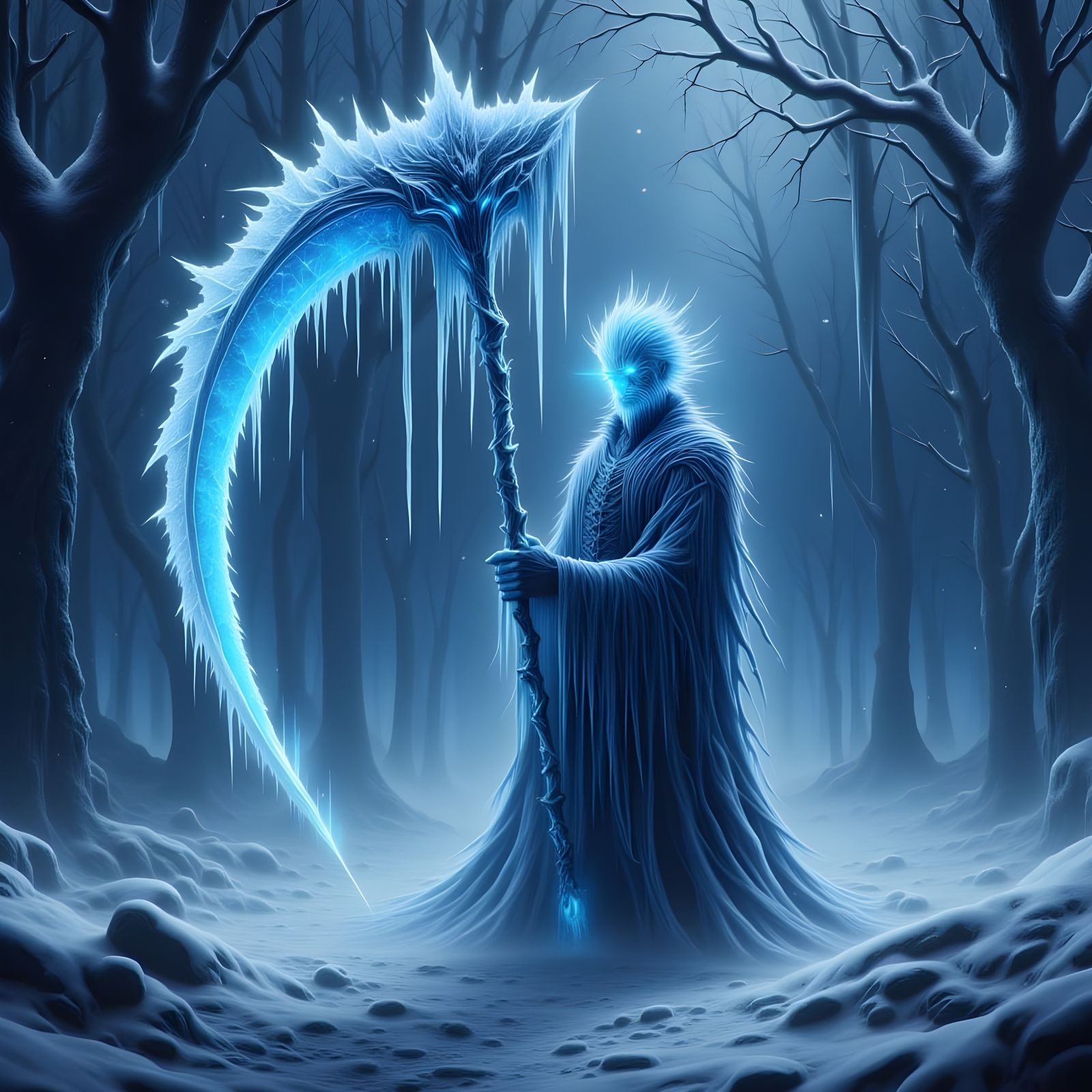 Dark Fantasy Blue Man With Icy Hair and Bloody Scythe