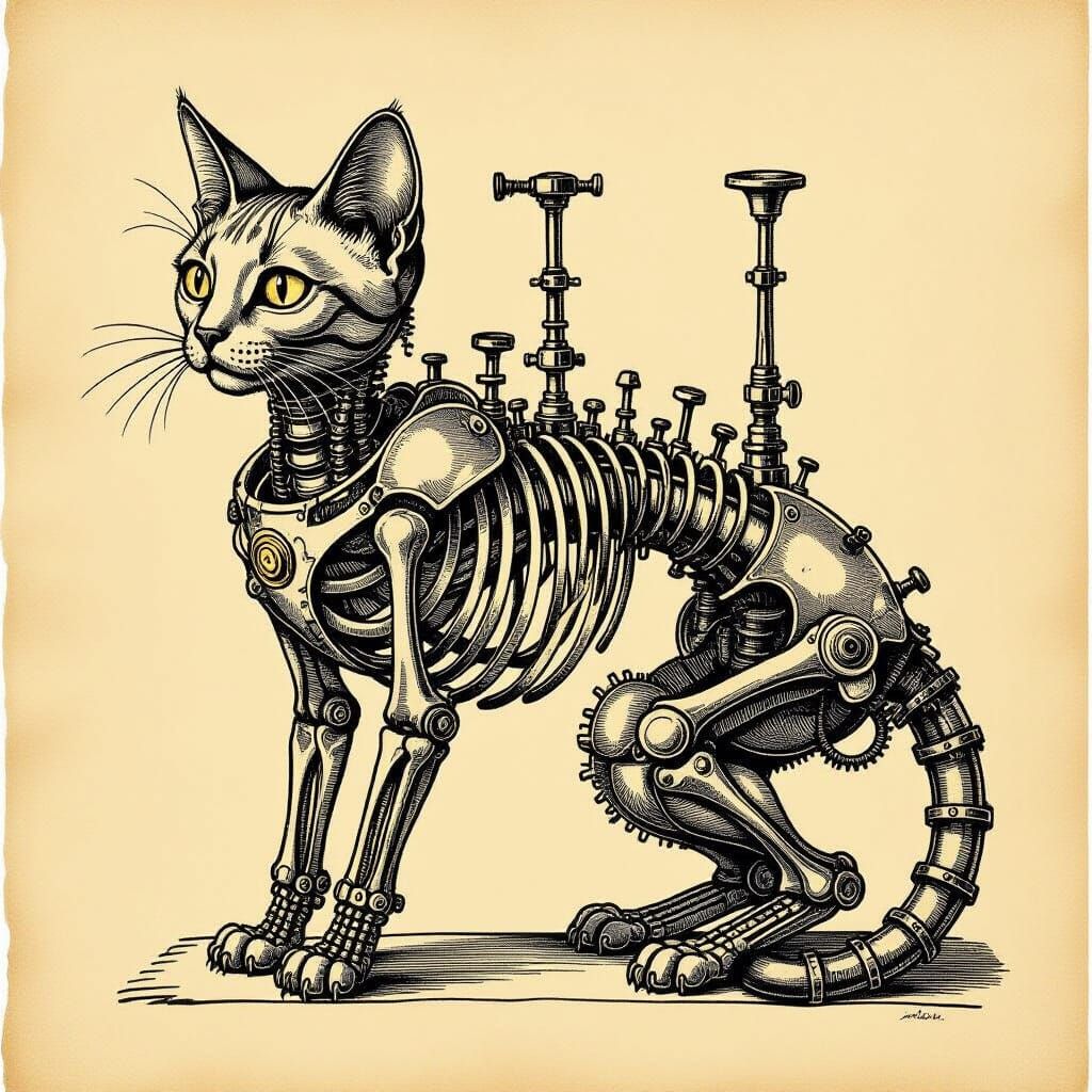 Steampunk Anatomical Cat Study in Leonardo da Vinci Style