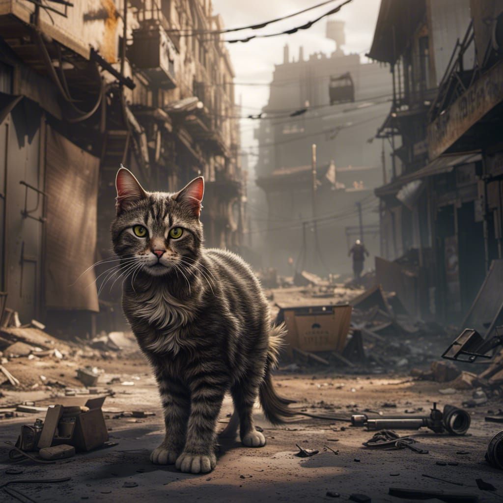 Stray Cat in Warzone: Detailed Matte Painting