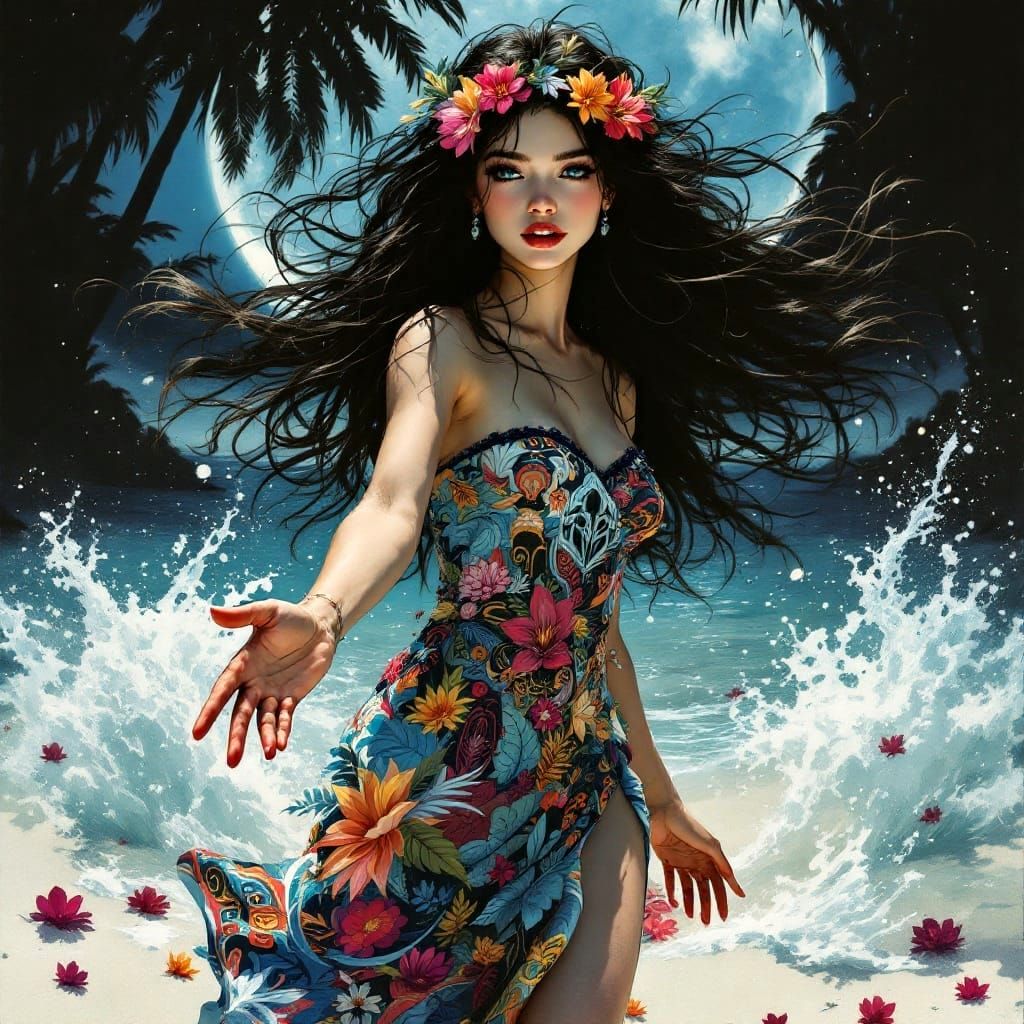 Polynesian Girl on Tropical Beach in Sumi-e Style