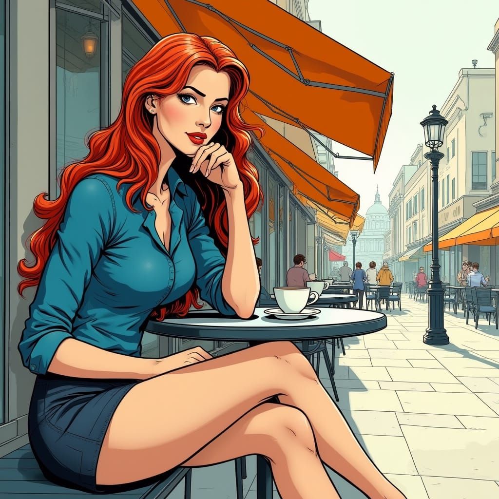 Fashionable Woman in Cafe, Comic Art Style