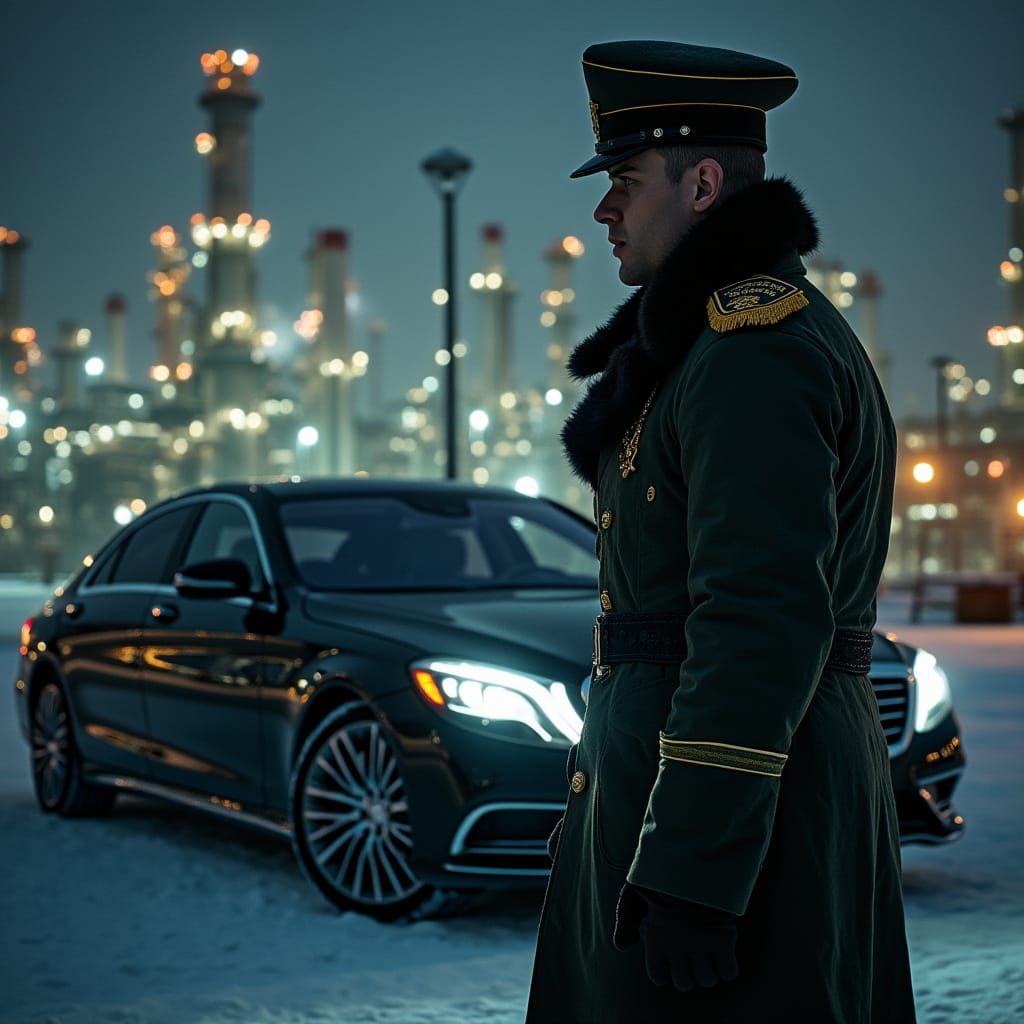 Russian Police Major Stands Guard at Oil Refinery at Night i...