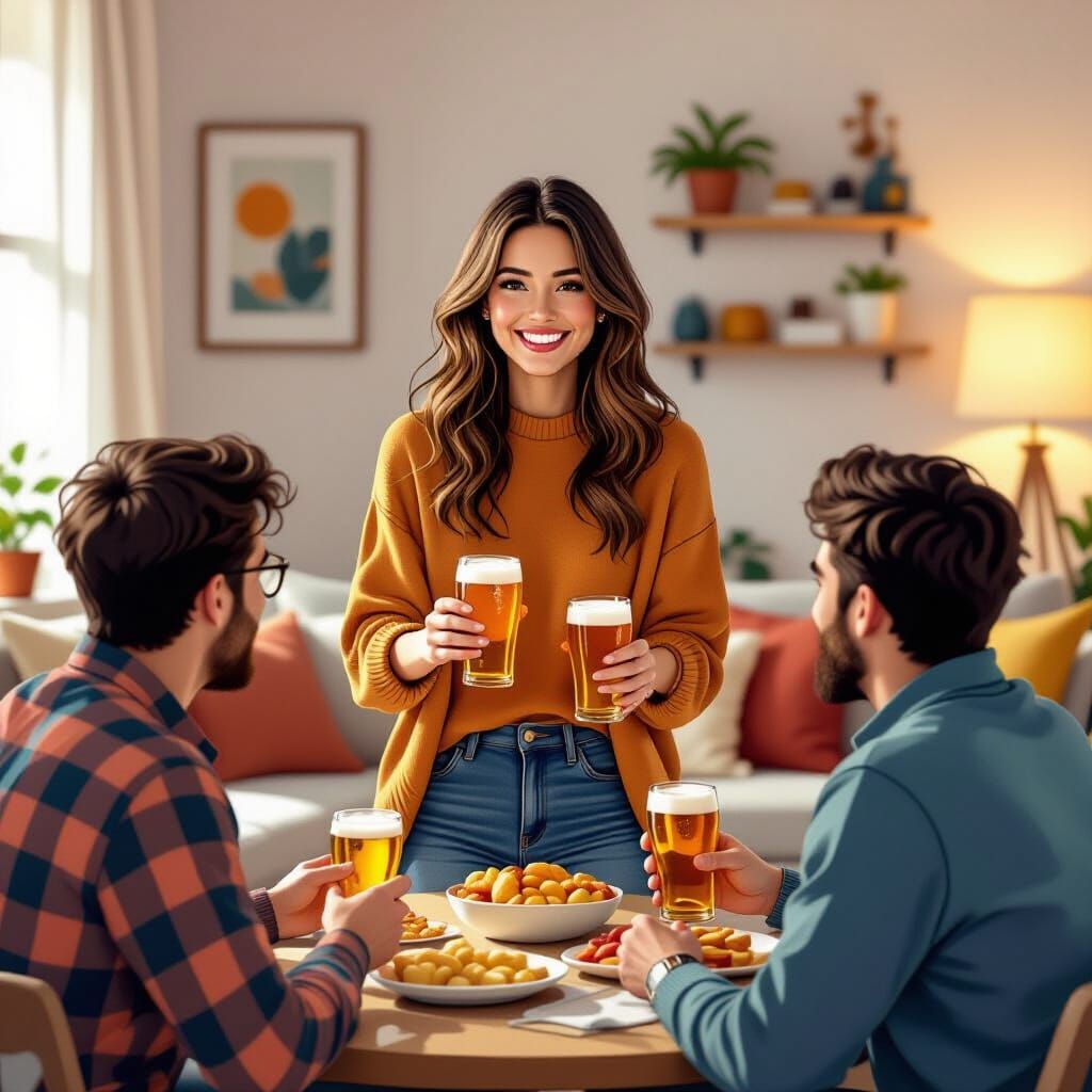 Cozy Gathering: Woman Serving Friends, Artistic Style