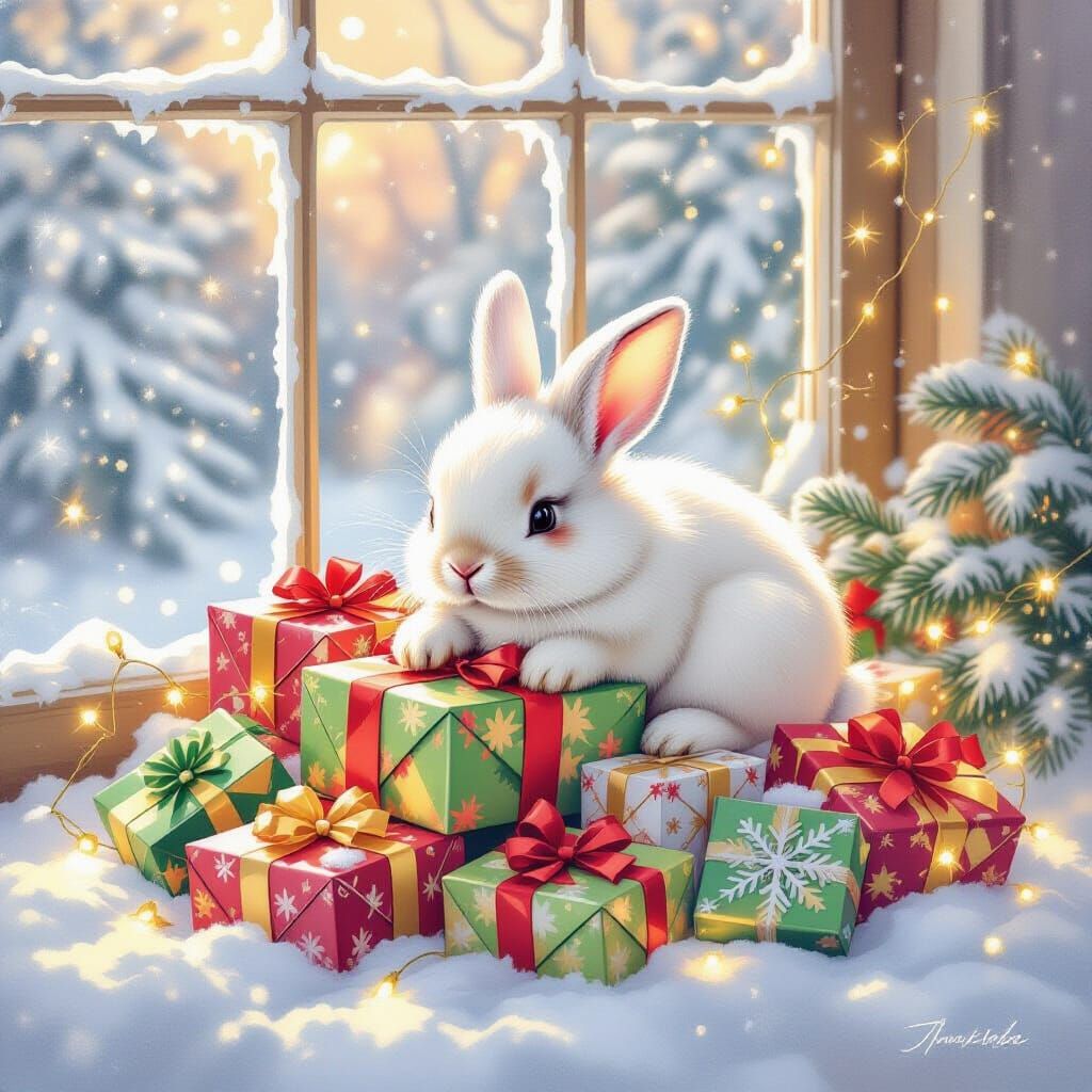 Soft White Bunny Amid Christmas Presents in Whimsical Waterc...