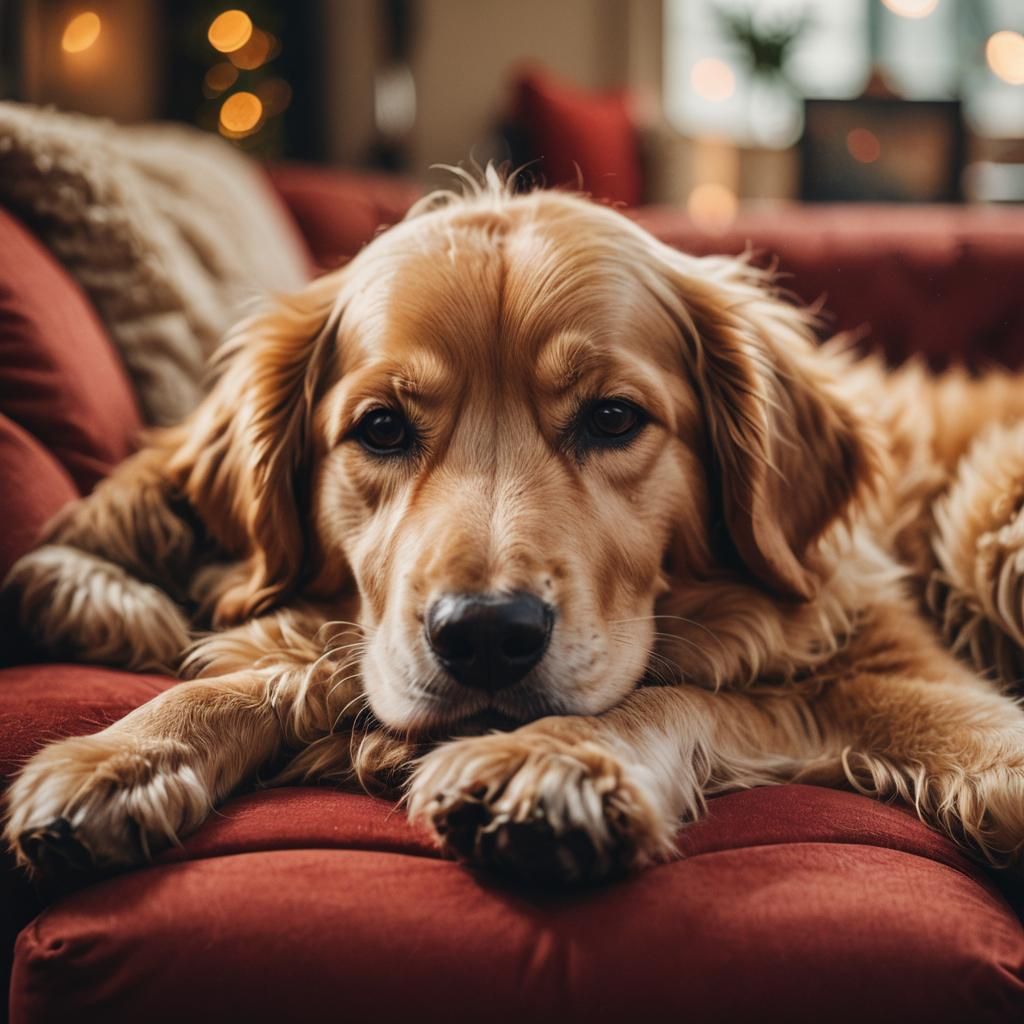 Golden Dog Sleeping on Red Couch: Vintage Macro Photography