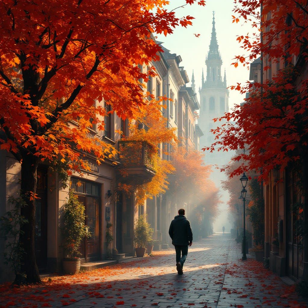 Man Walks Through Autumnal Vienna Alleyways