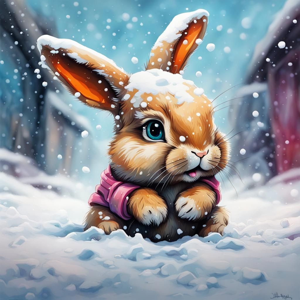 Cute Baby Bunny in Snow: Graffiti Street Art