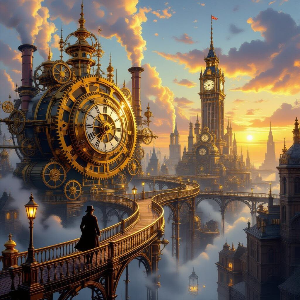 Golden Mechanical City at Sunset in Ethereal Style
