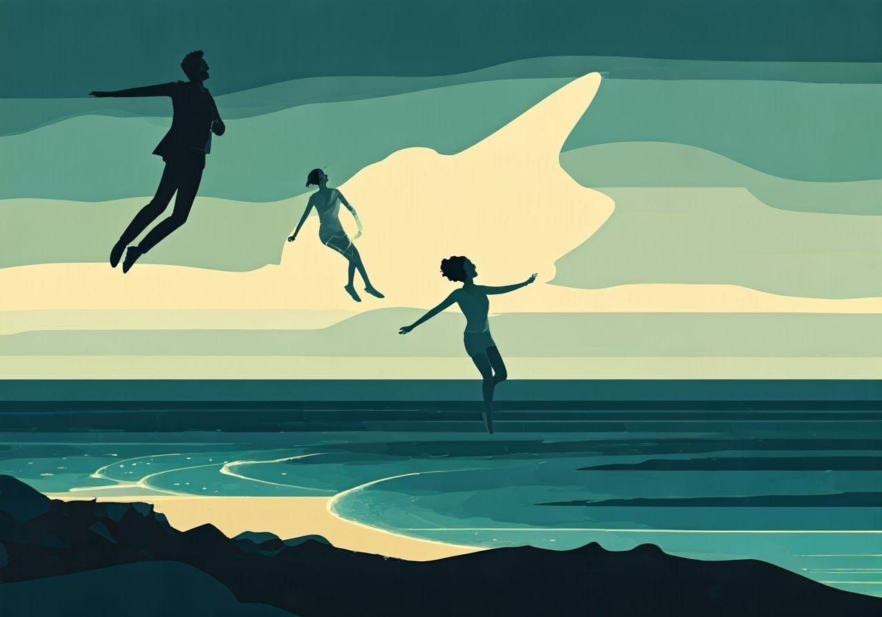 Director Surrounded by Whimsical Coastline Scenes