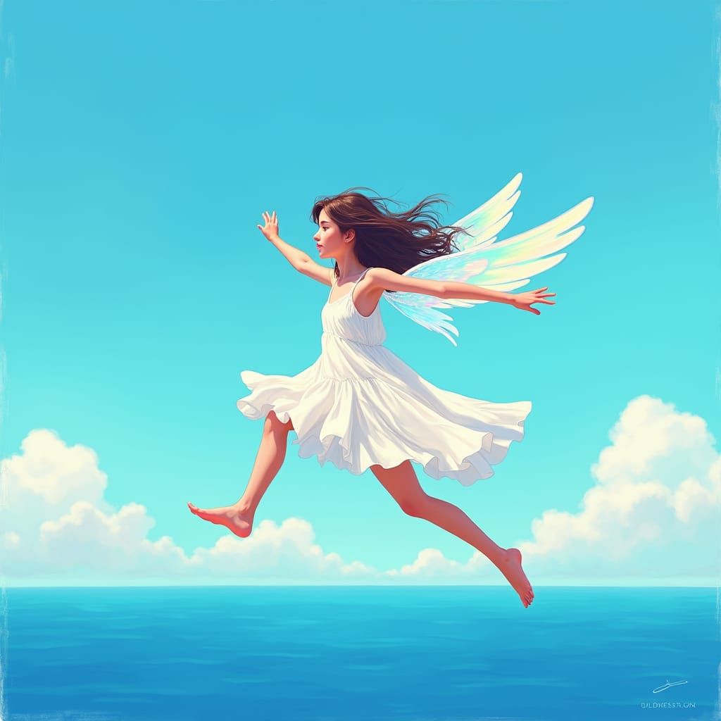 Girl Soaring Above Ocean as Dreamlike Digital Art