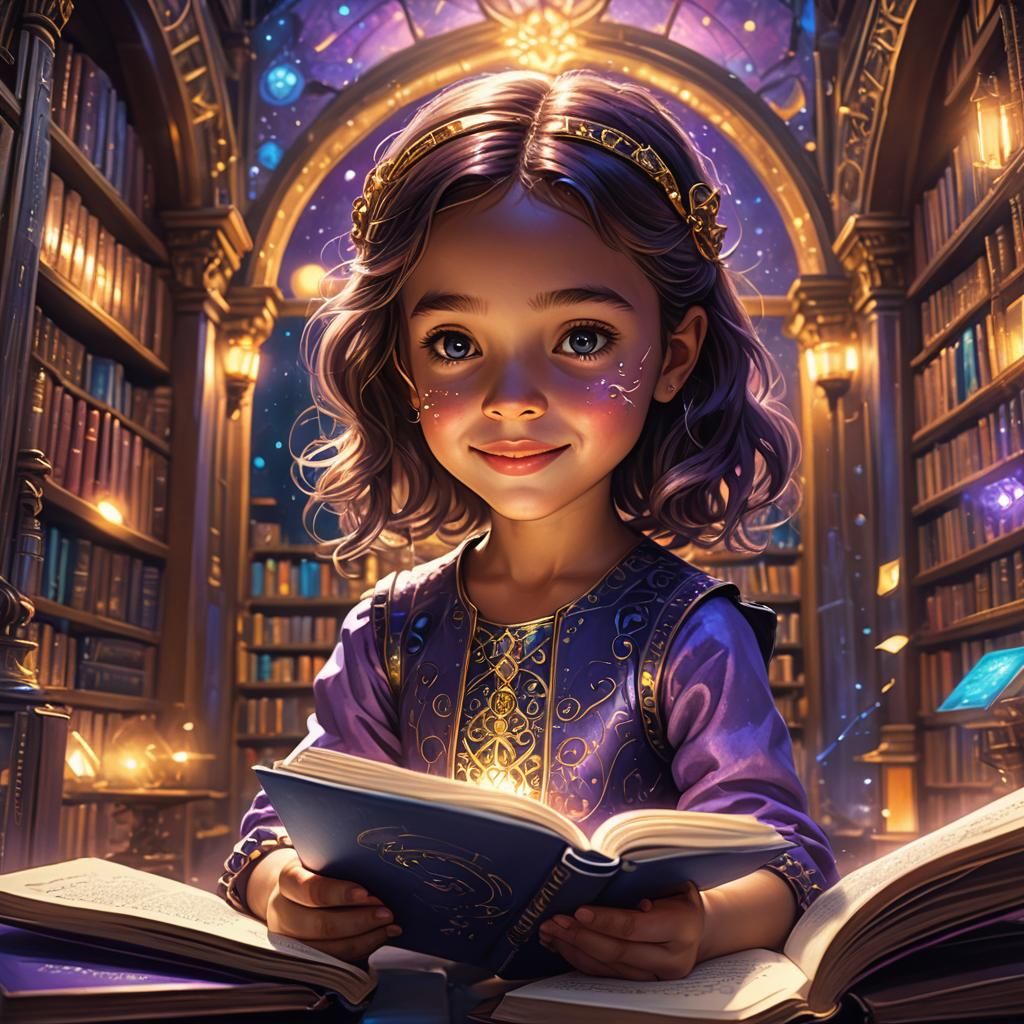 Girl Reads Glass Notebook in Magical Library
