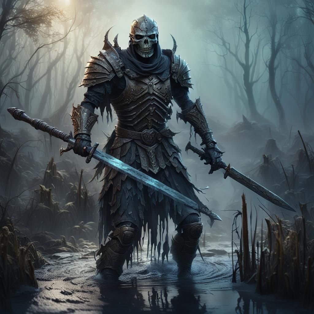 Undead Warrior Emerging from Foggy Swamp