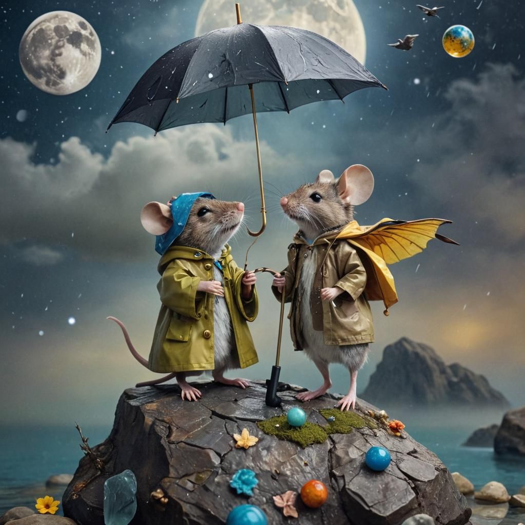 Mouse with Umbrella in Surreal Dreamscape