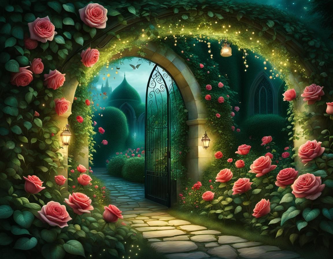 Secret Garden Entry with Roses and Fairy Lights