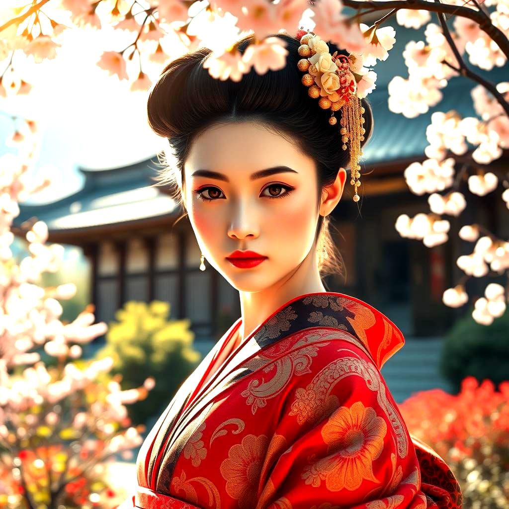 Geisha Portrait in Sakura Garden, Hyperdetailed