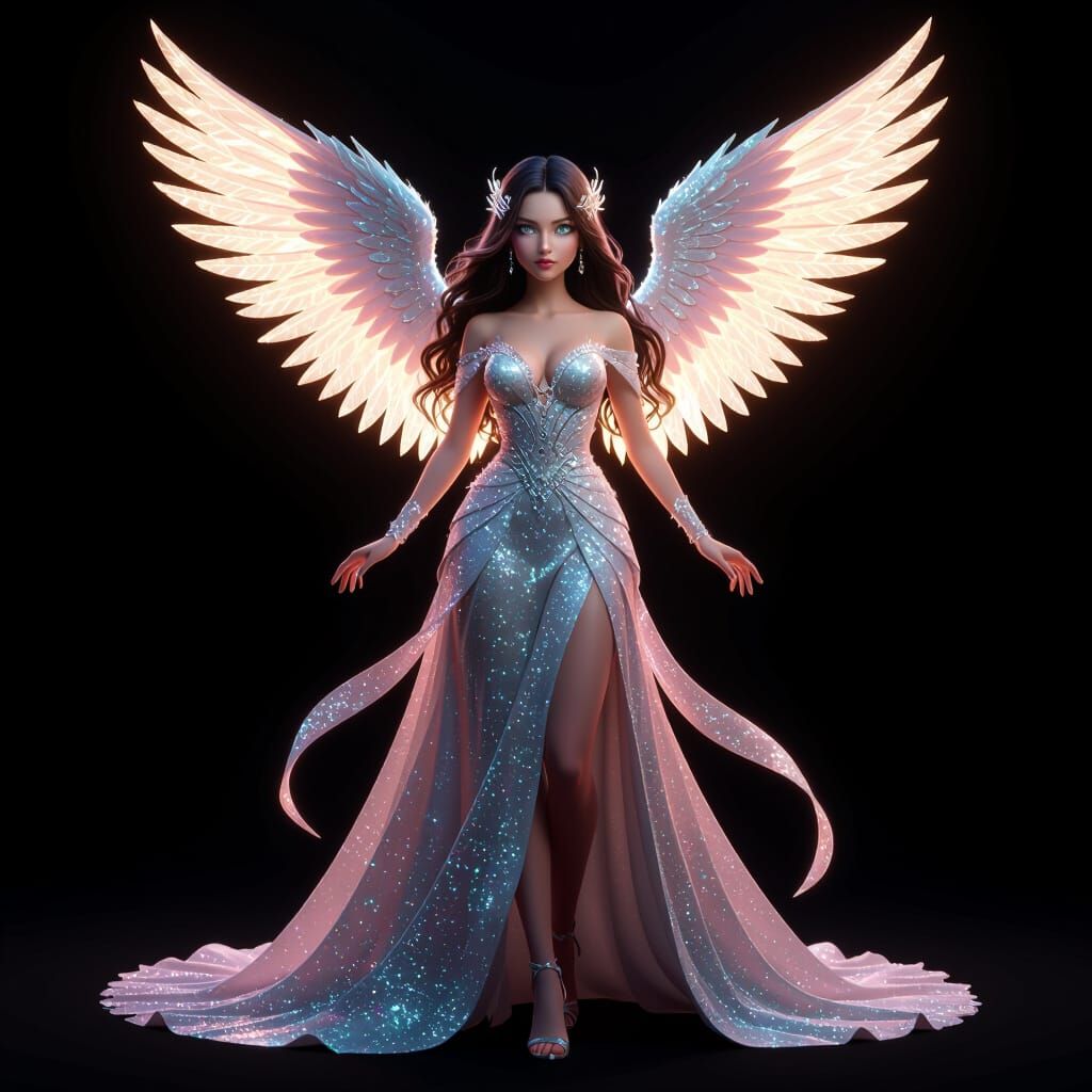 Fantasy Angelic Girl with Glowing Wings in Sparkling Dress