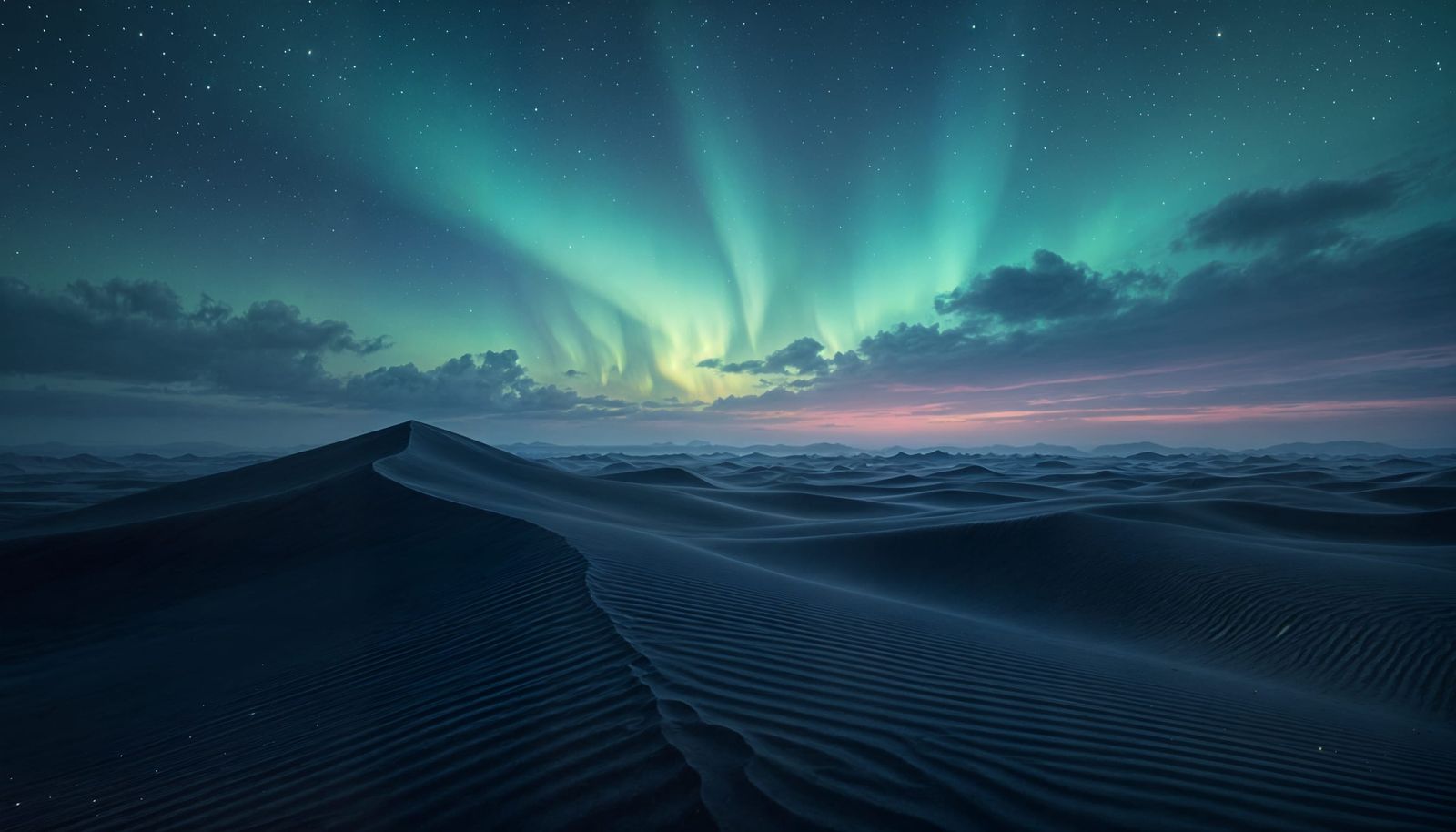 Desert Aurora: Surreal Dunes Under Dancing Lights
